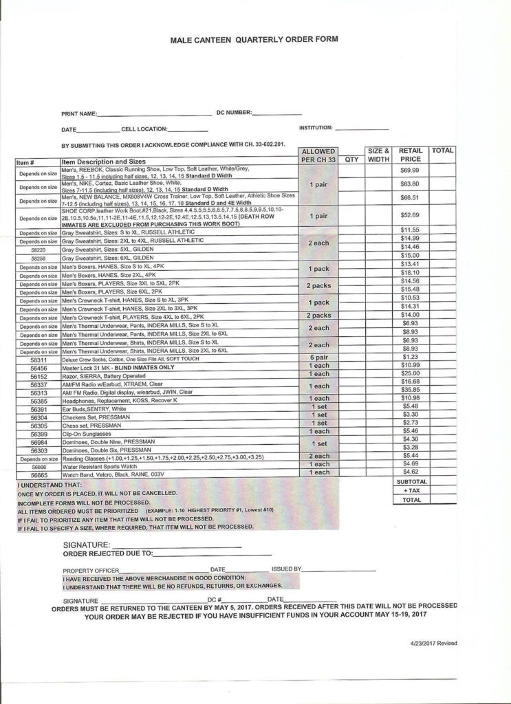 Male Canteen Quaterly Order Form United Against the Death Penalty